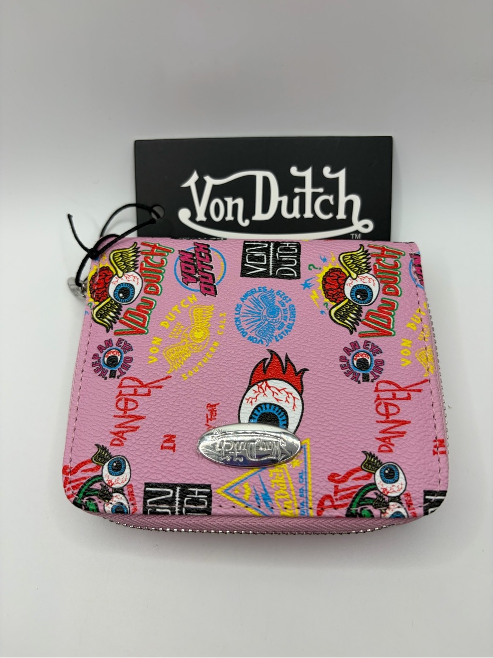 Von Dutch Pink Graphic Zip Wallet with Multicolor Eye Motifs